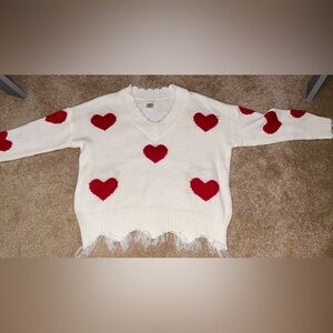 Main Strip Valentine White V-Neck Sweater with Red Hearts